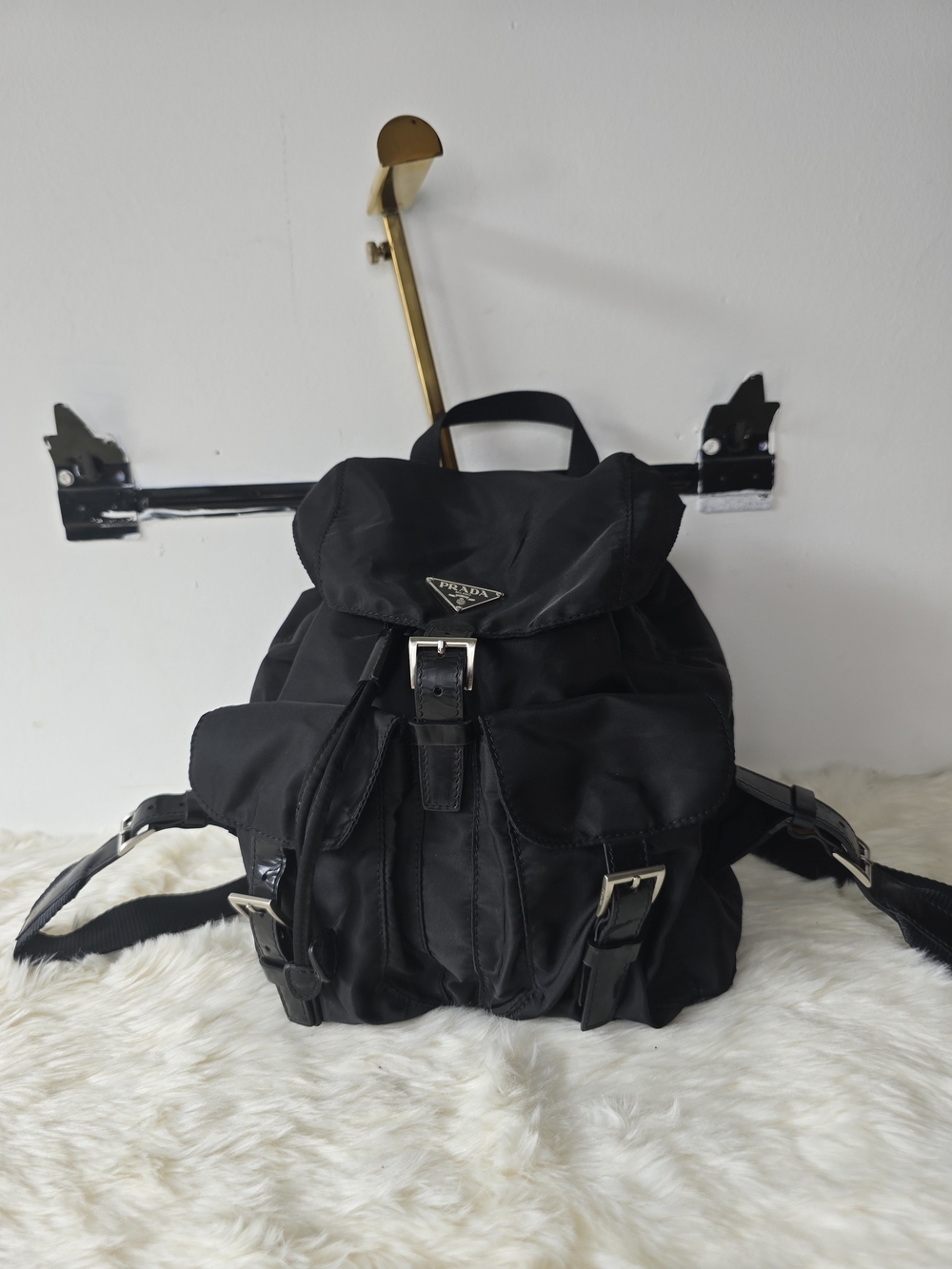 Prada Black Nylon Buckle-Flap Backpack